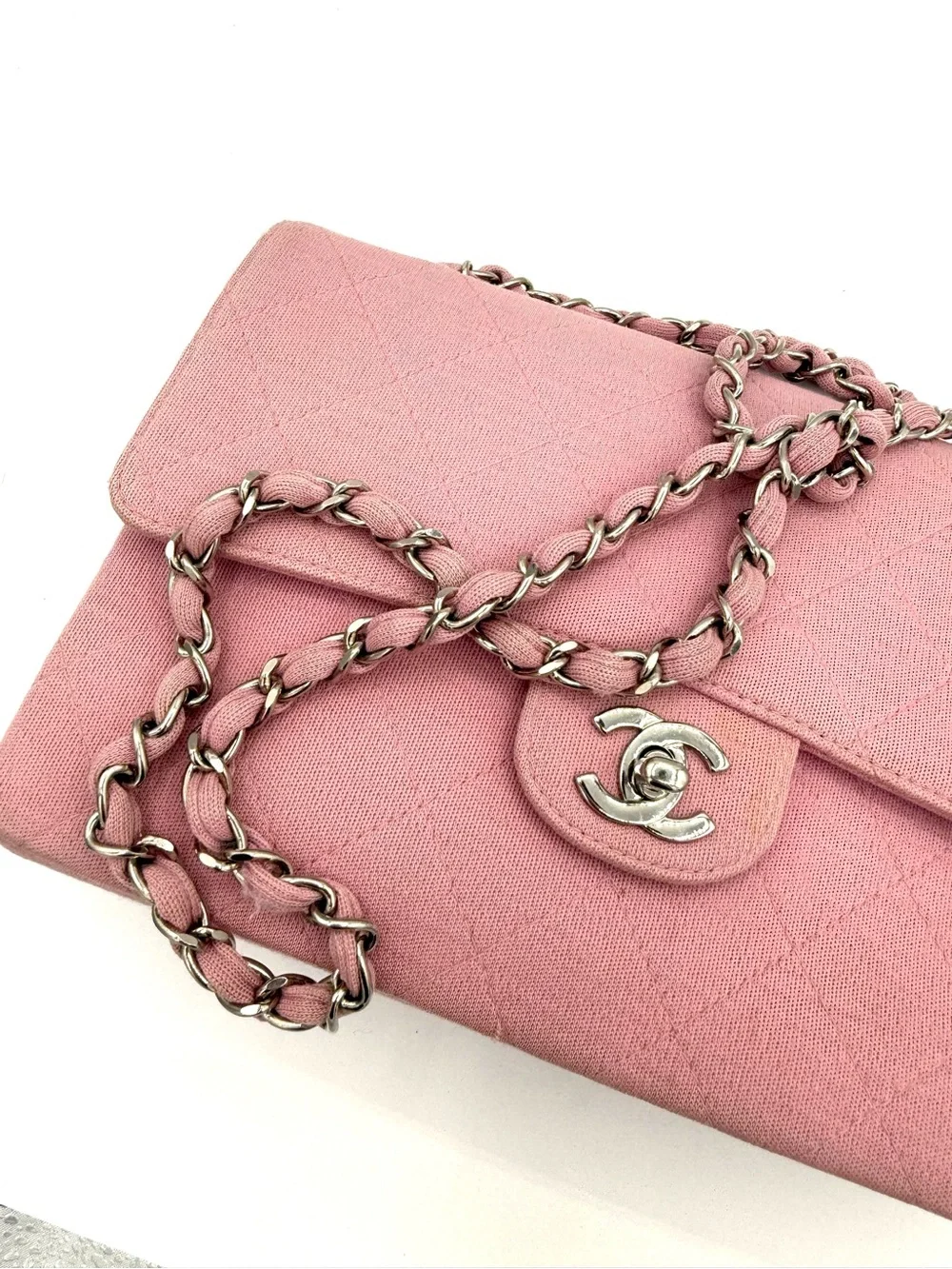 CHANEL Pink Quilted Flap Shoulder Bag with Silver Chain